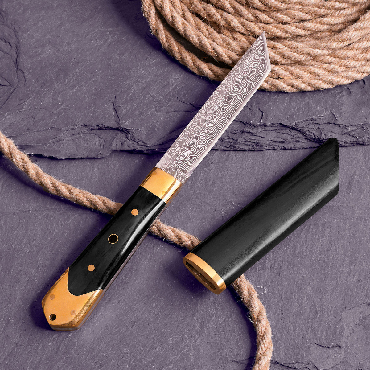 Versatile Damascus Steel Knife with Ebony and Brass Handle
