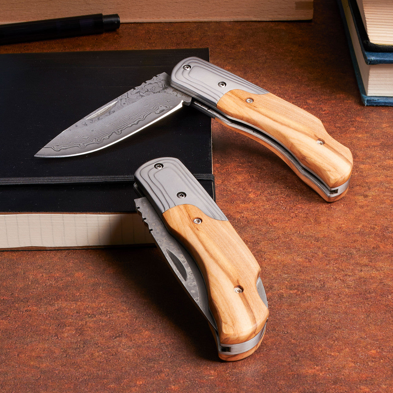 Damascus Blade & Olivewood Folding Clip Knife