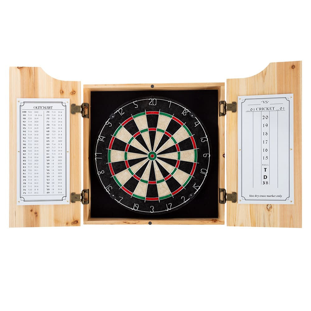 Old-Fashioned Dartboard Set in a Pine Cabinet