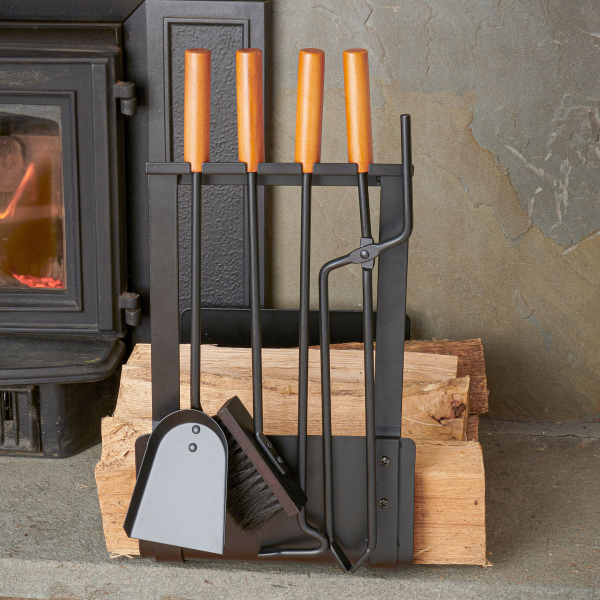 5-Piece Wood Black Fireplace Rack and Tools Set