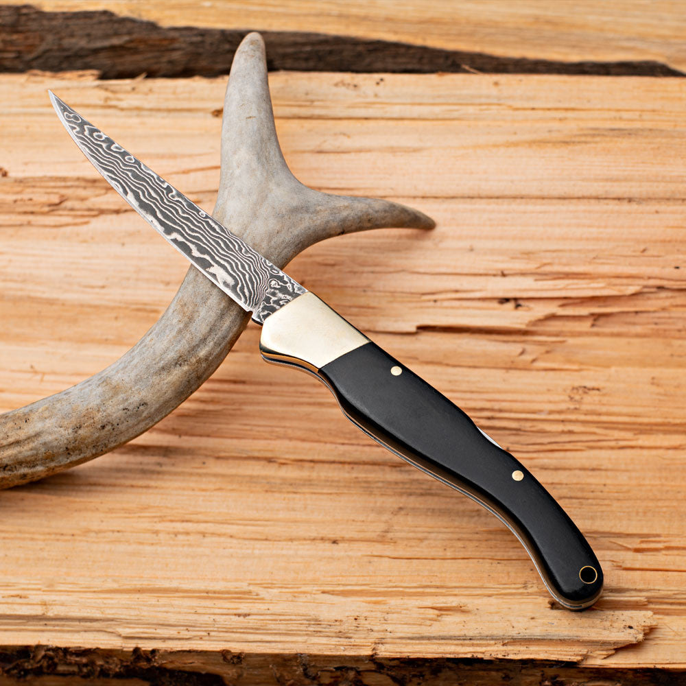 7-½" Damascus steel & Ebony Handled Folding Knife